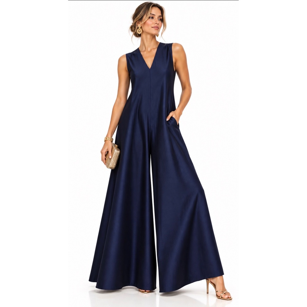 NEW Samuel Dong Midnight Blue Wide Leg V-Neck Sleeveless Jumpsuit Womens Size L